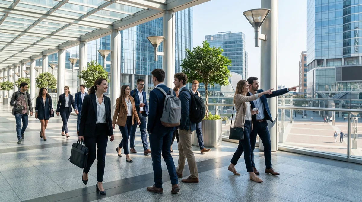 People navigating different life paths in a modern city